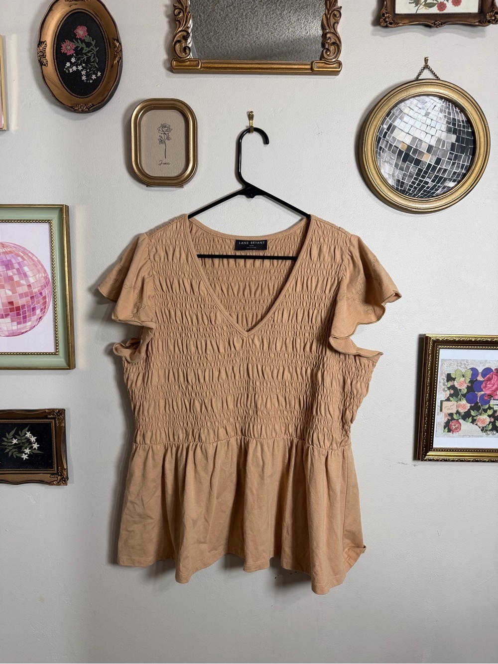 Lane Bryant Beige Smocked V‑Neck Flutter Sleeve Peplum Top